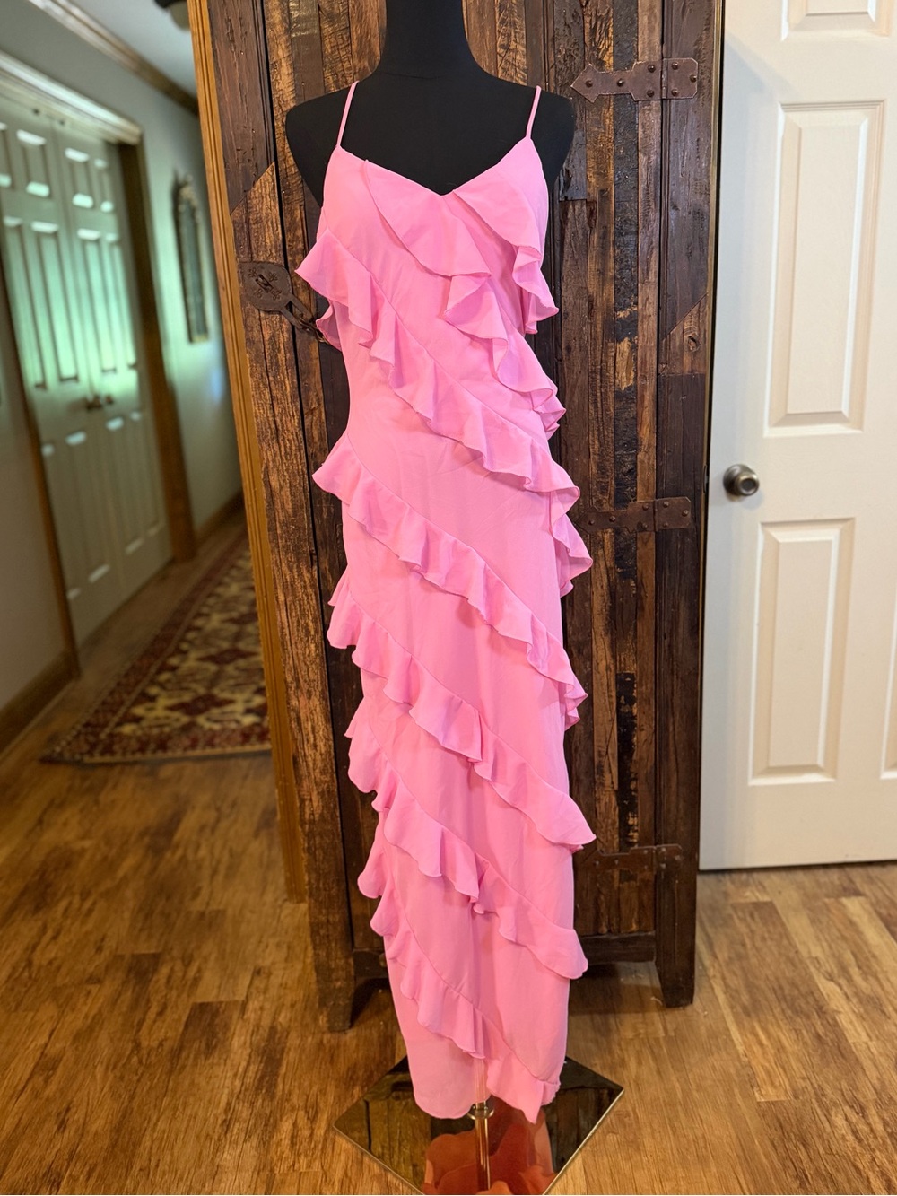 MABLE Pink Ruffle Maxi Dress Small Tiered Romantic Formal Barbie prom bubblegum